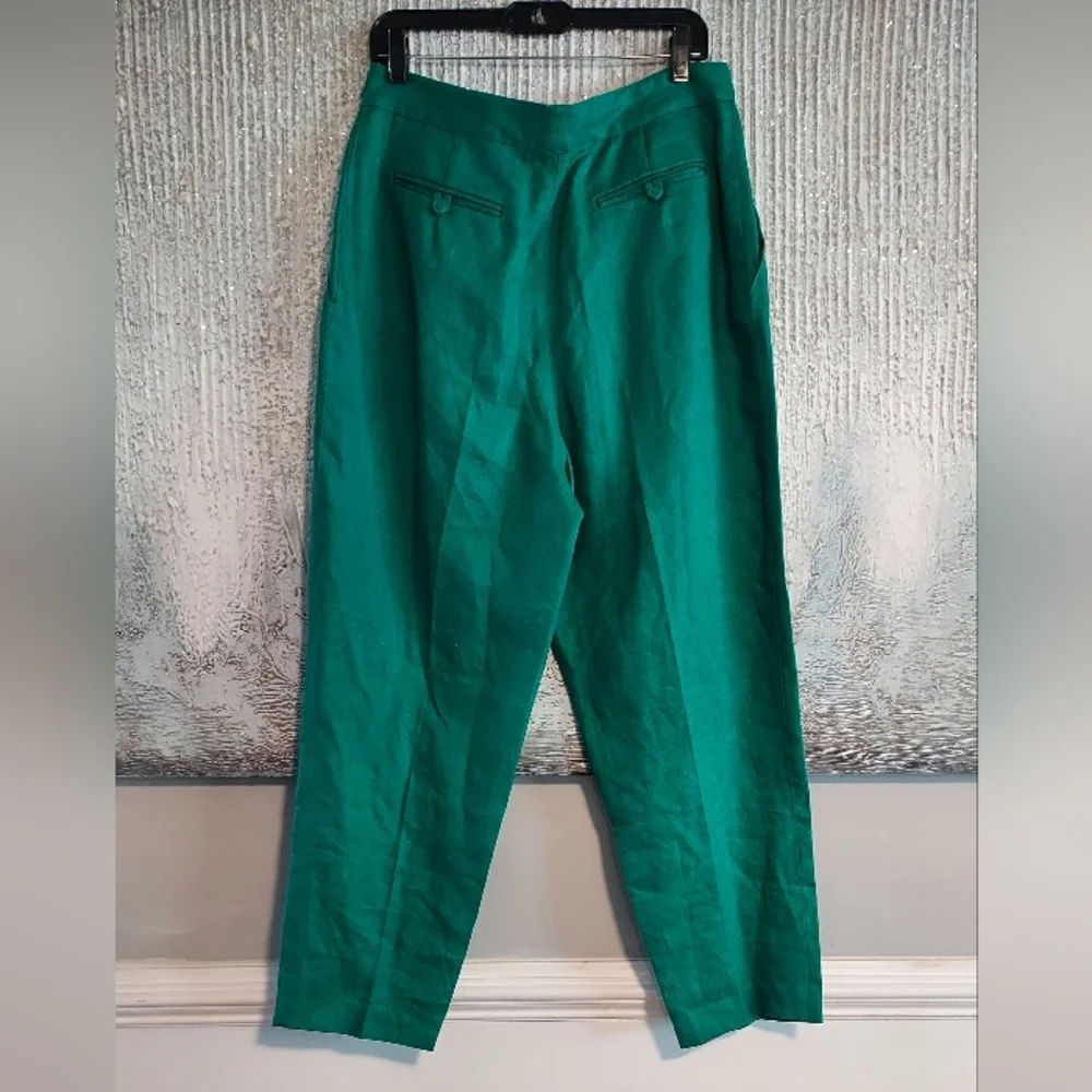 CHAUS Vintage Emersld Green 100% Ramie High Waist Pleated Trousers